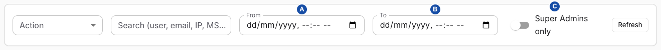 Access Logs filters: A From, B To, C Super Admins only.