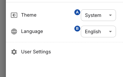 User Settings drawer with A marking Theme and B marking Language.