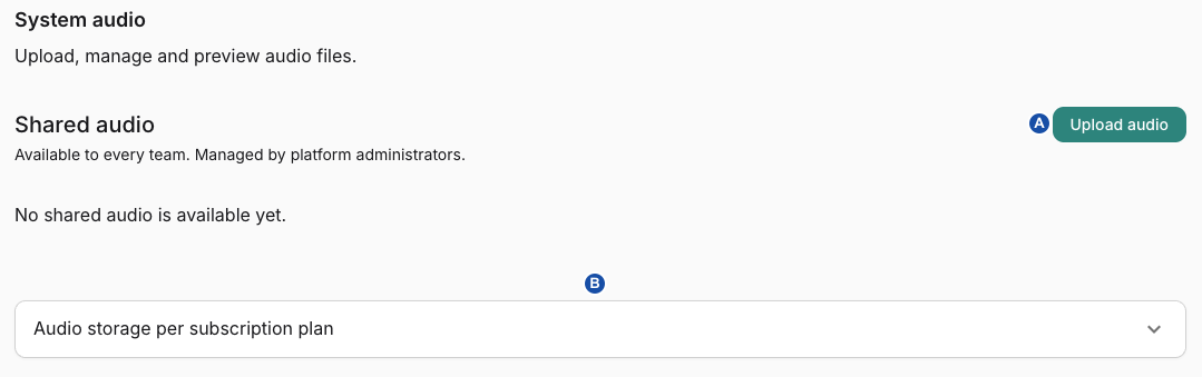 System audio administration: A Upload audio, B Audio storage per subscription plan.