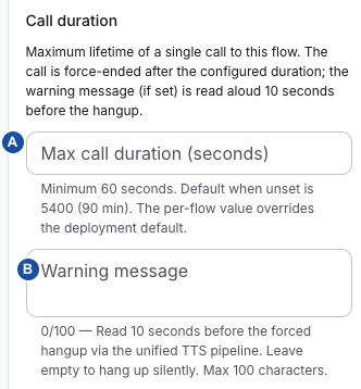 Call duration inspector: A maximum seconds, B warning message.
