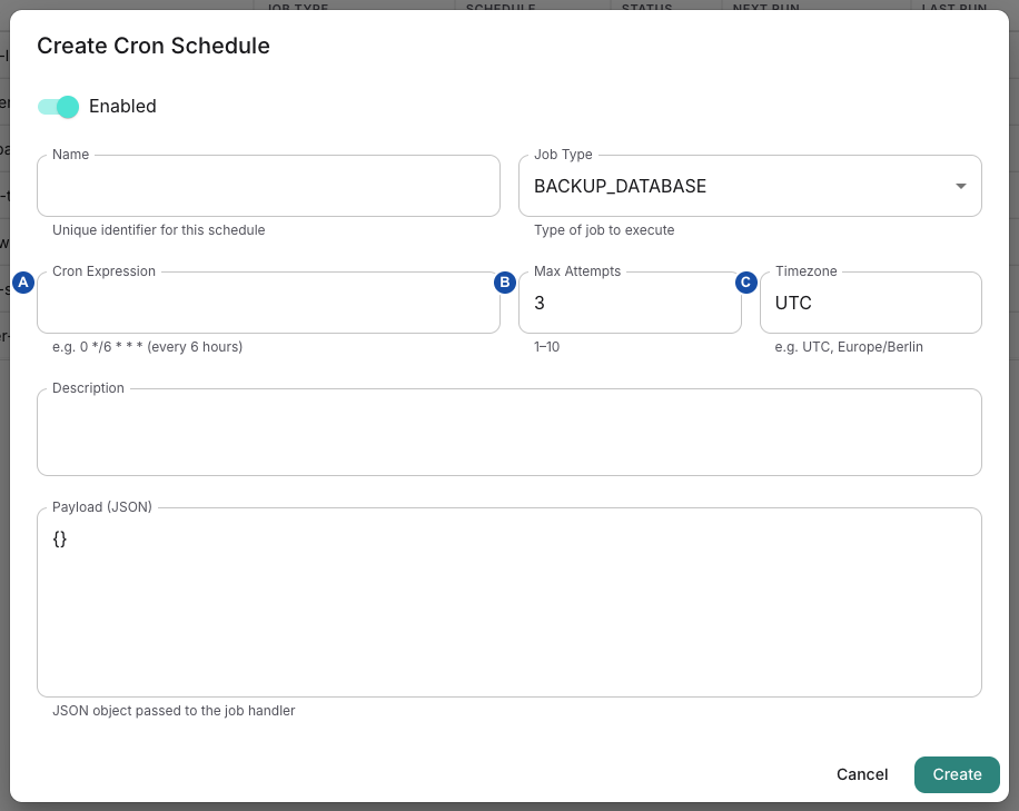 Create Cron Schedule dialog: A Cron Expression, B Max Attempts and C Timezone.