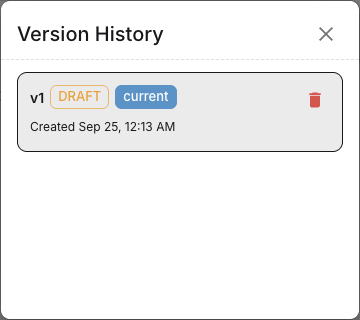 Version History showing v1 with DRAFT and current badges.