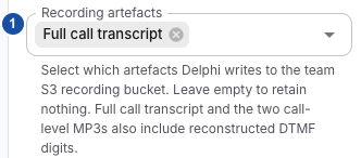 Marker 1: Recording artefacts with Full call transcript selected.