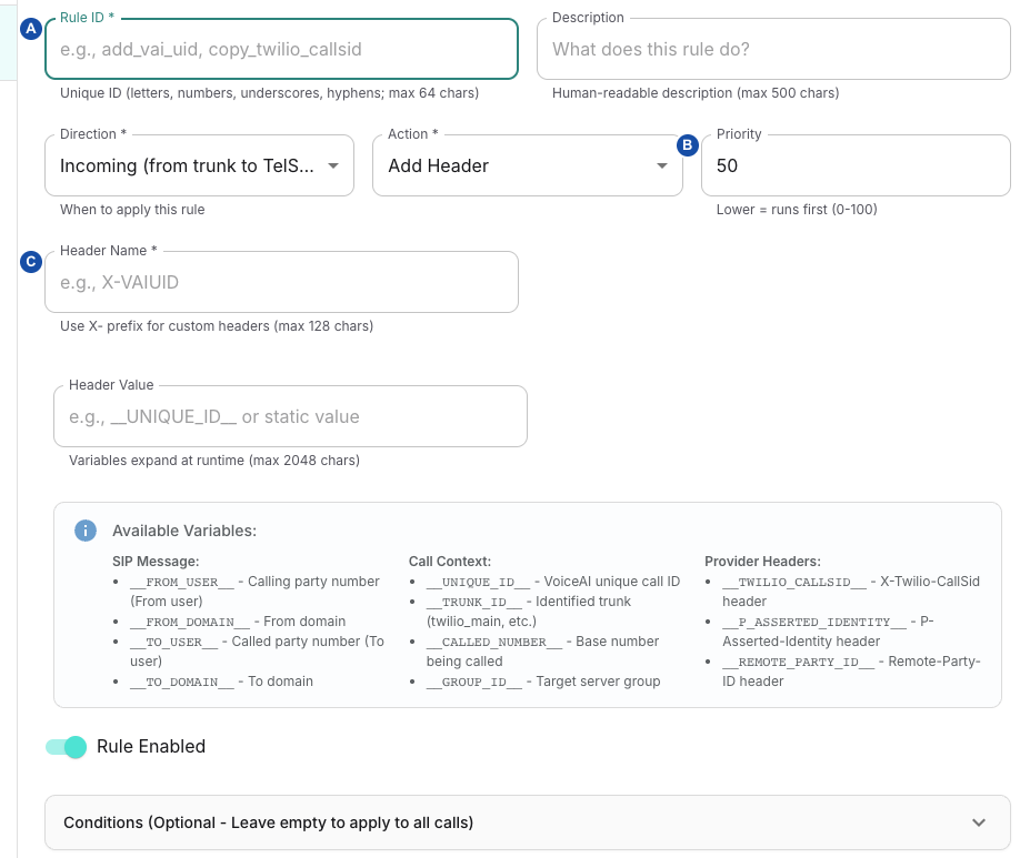 SIP header rule editor with A beside Rule ID, B beside Priority and C beside Header Name.