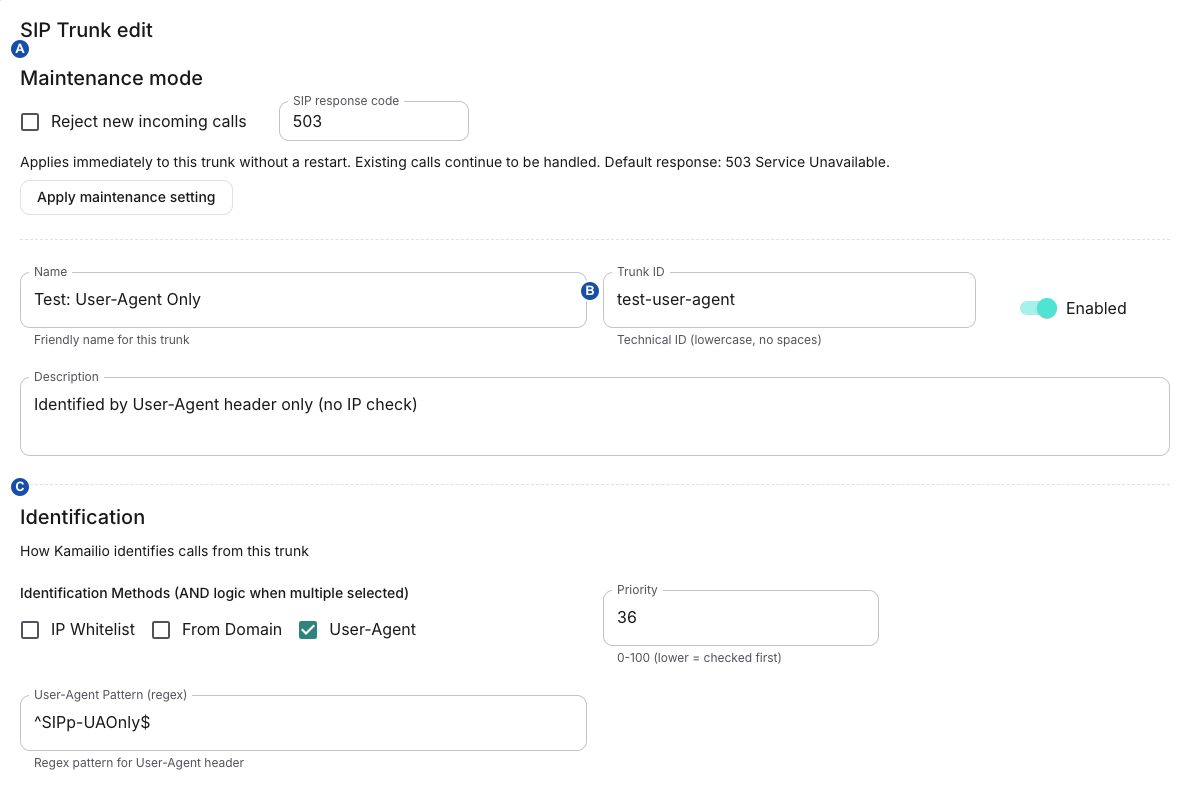 SIP trunk dialog: A Maintenance mode, B trunk identifier, C identification methods.