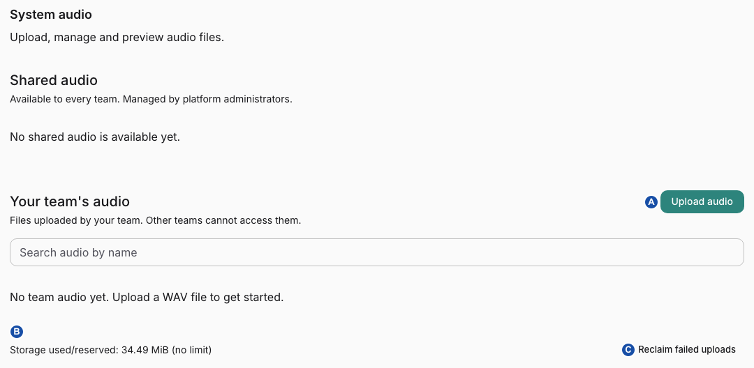 System audio library: A Upload audio, B no-limit storage usage, C Reclaim failed uploads.